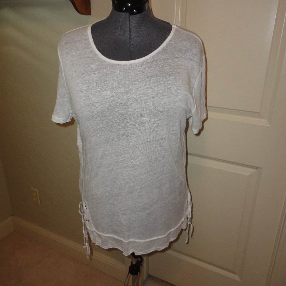 XCVI Women's White Short-Sleeve White Linen Blouse w/ Side Ties Size S